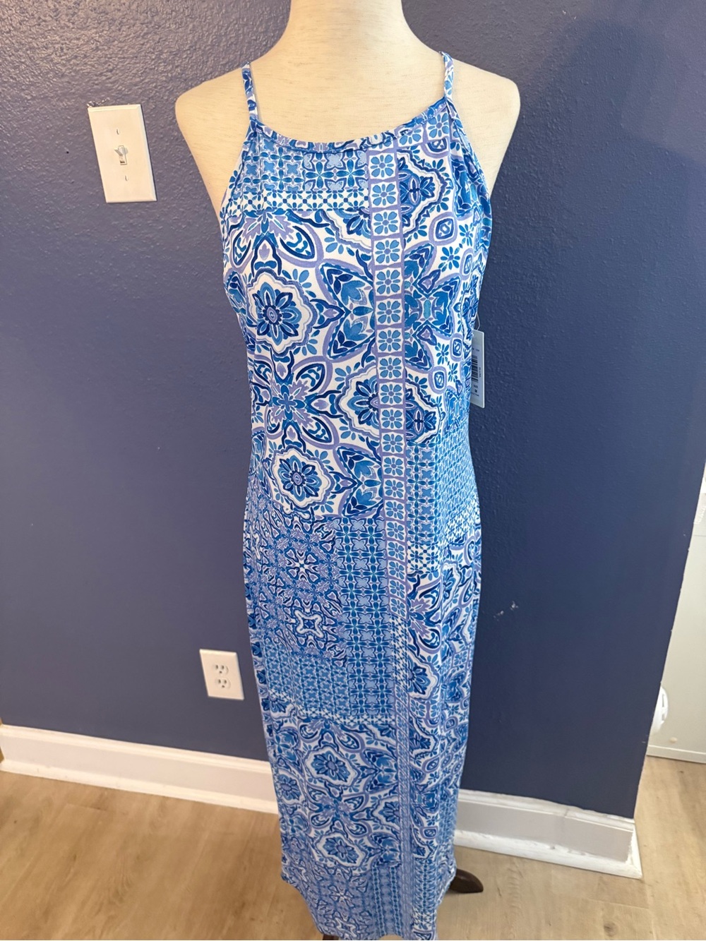Blue Patterned Spaghetti-Strap Maxi Dress